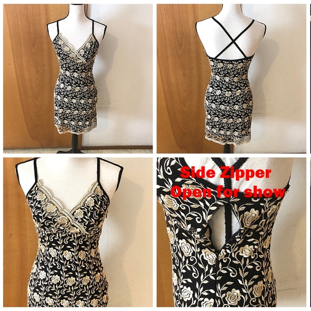 Black Lined Gold Floral Lace Shell Bodycon Vtg